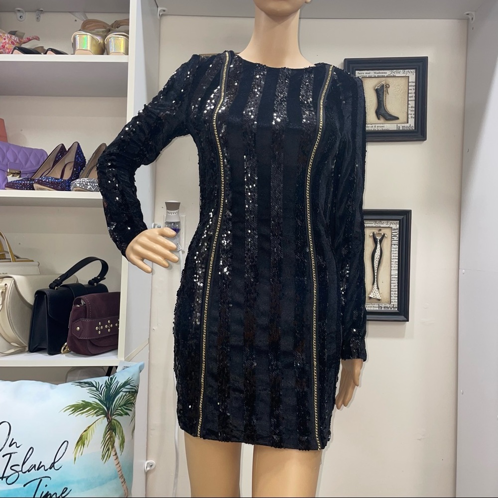 Xtaren NWT! Black Velvet Sequin Striped Chain Long Sleeve Stretchy Mini Dress - Picture 2 of 14
